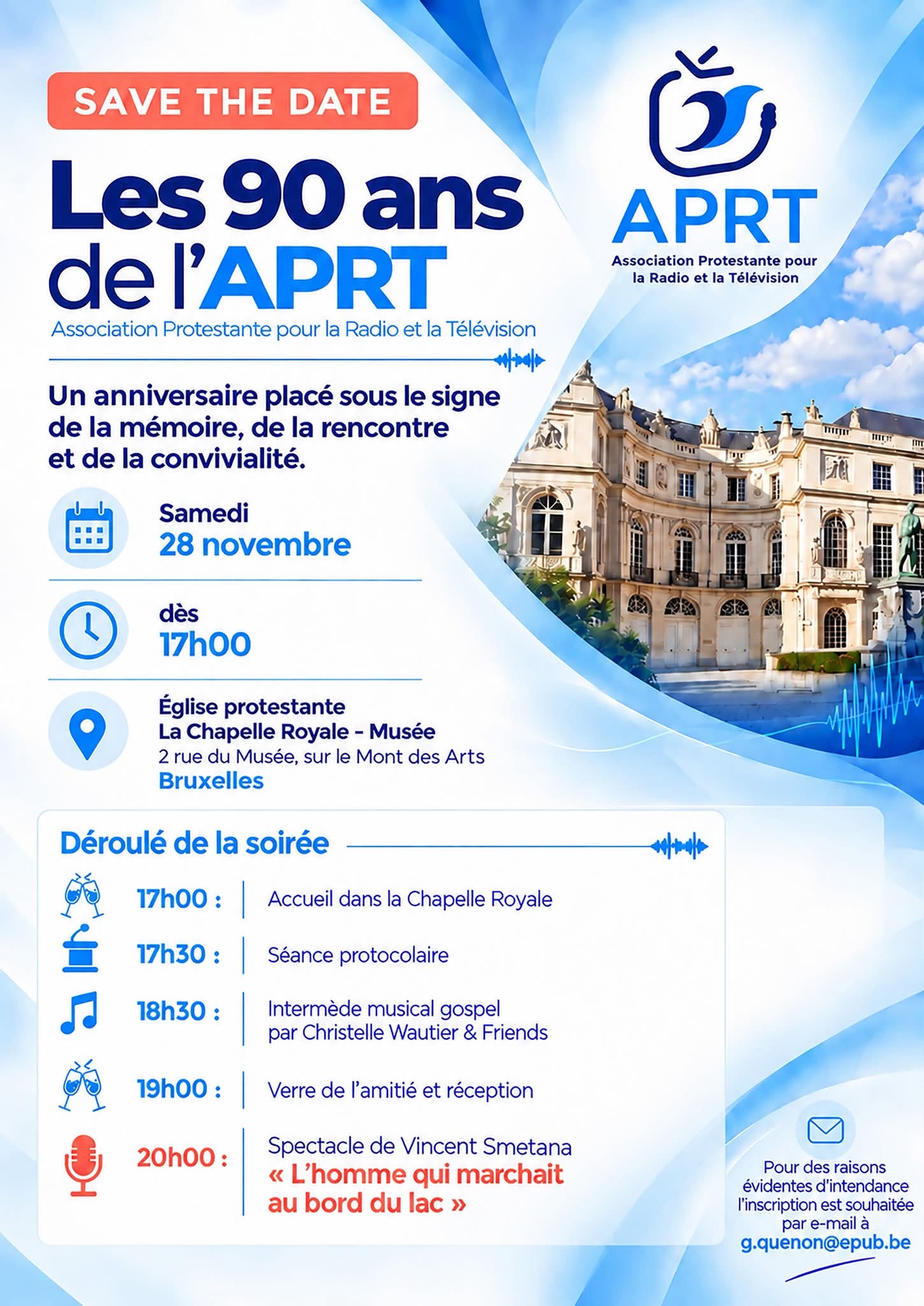 Anniversaire des 90 ans de l'APRT en l'église protestante de Bruxelles-Musée le 28 novembre. 